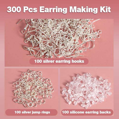 925 Sterling Silver Plated Earring Hooks for Jewelry Making, 300 Pcs Hypoallergenic DIY Earring Making Supplies Kit, Upgraded French Ear Fish Hook Earing Findings Wires Parts Hardware Pieces (Silver) - color: Silver