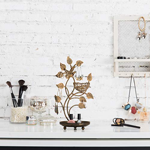 MyGift 14-Inch Bronze-Tone Tree & Bird Nest Earring Stand Jewelry Tower with Ring Trinket Organizing Tray - color: Bronze-Tone