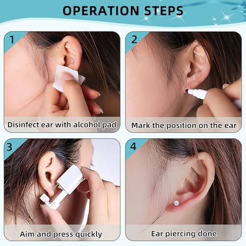 Nunpag 12 Pcs Ear Piercing Kit Disposable Ear Piercing Gun Kit with 4 Pcs 6 Prong Setting Cubic Zirconia Earrings Stud 316L Stainless Steel Easy to Use at Home Self Ear Piercer Gun Kit Tool, Silver - color: Silver