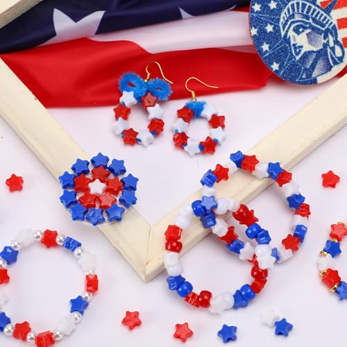 UPINS 1200pcs Red White and Blue Beads,4th of July Beads Patriotic Star Shaped Beads American Beads Memorial Day Beads DIY Jewelry Making Crafts - color: Multicolor Star Shape for Independence Day