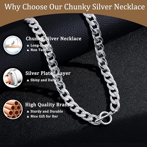 CHESKY 14K Gold Plated Chunky Necklace for Women, Trendy Paperclip Chain Necklace Thick Cross Heart Pendant Necklace Layered Herringbone Cuban Link Chain Toggle Necklaces Non Tarnish Jewelry - color: silver, style: cuban