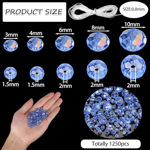 Song Xi 1250PCS AB Blue Crystal Beads for Jewelry Making, Rondelle Glass Beads for Bracelets Necklace, Earring, Pendants and Making Supplies, Bulk, Arts and Crafts, Sparkling (3/4/6/8/10mm) - color: AB Blue