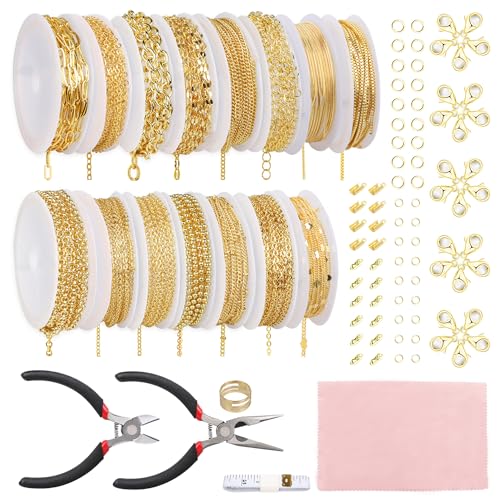 Fesorsi Gold Chain for Jewelry Making, 115ft 15 Style Steel Jewelry Chain, Electroplating Process, for DIY Necklace Chains, Tassel Pendants, with Jump Ring, Lobster Clasp, Pliers - color: Gold, size: 115ft 15Style