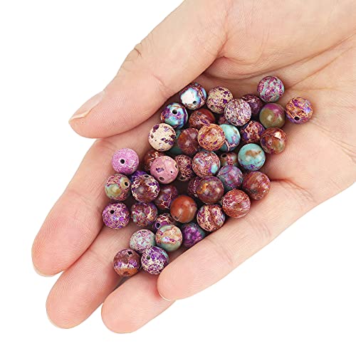 70PCS Natural 8MM Healing Gemstone Colorful Imperial Jasper Energy Stone Round Loose Beads, Semi-Precious Crystal Beads with Free Elastic String for Jewelry Making DIY - color: Colorful Imperial Jasper