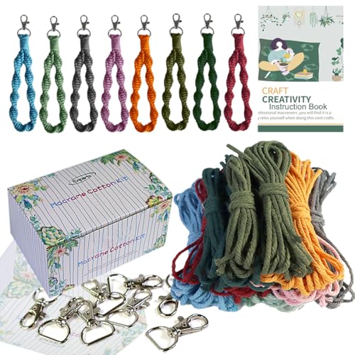 Ewparts Macrame Keychain Kit for Beginner Boho Adult Craft DIY Kits with Precut Macrame Cord 3mm with Instruction Tutorials to Make 8 Macrame Keychains Lanyards for Kids Women Starters DIY Crafts Kit - color: Macrame Keychain Kit - 2