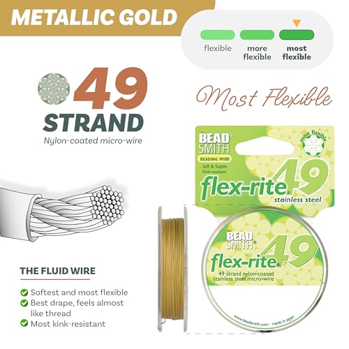 The Beadsmith Flex-Rite Beading Wire - 49-Strand Nylon-Coated Stainless-Steel Wire, 0.018" (0.45 mm) Dia, Metallic Gold, 30 ft Spool, Durable Necklace & Bracelet String, for Jewelry Making Supplies - color: Metallic Gold, size: .018” Dia - 30 Ft
