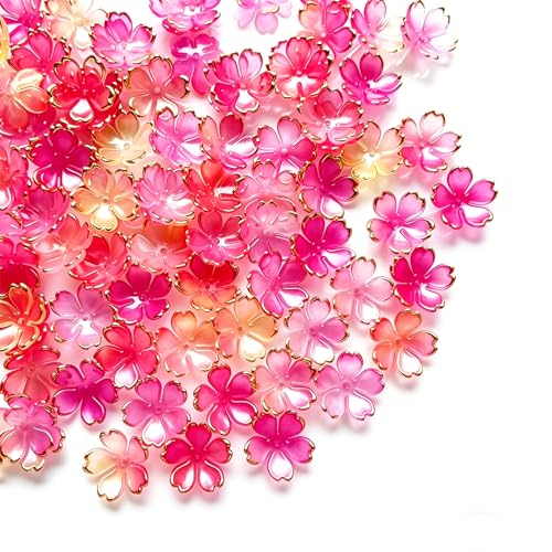 200pcs Acrylic Cherry Blossom Beads, 5-Petal Gradient Floral Craft Beads for Bracelets Earring Jewelry Making, Wedding Decor, Hair Charms - color: Pink-B