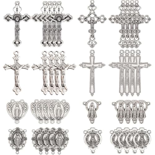 SUNNYCLUE 1 Box 48pcs 8 styles Easter Rosary Charms Metal Rosary Crucifix Bulk Assorted Tibetan Style Alloy Antique Silver Chandelier Link Connector Charm Pendants Bulk for Jewelry Making Women Adults - style: Rosary Charm 1