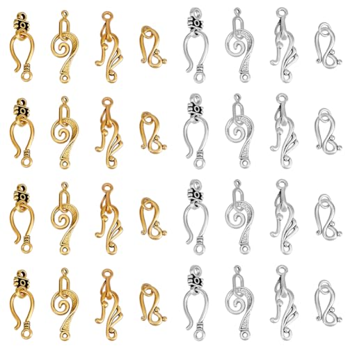 PH PandaHall 120 Sets Tibetan S Hook Ring Toggle Clasps 4 Styles Toggle Jewelry Clasps End Clasps Connectors Jewelry Closure Clasps for Bracelet Necklace Jewelry Making, Antique Silver/Antique Golden
