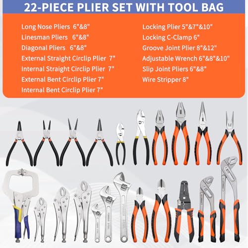 22-Piece Pliers Tool Set with Portable Tool Bag, Full Assortment of Pliers Essential Home Repair & Workshop Kit, Great Gift Idea for DIY Enthusiasts and Homeowners Father's Day