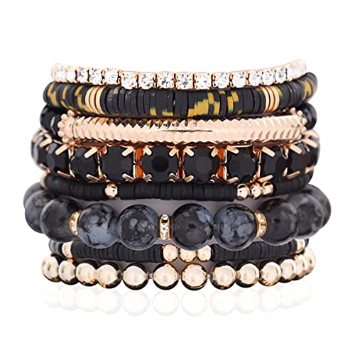RIAH FASHION Multi Color Stretch Beaded Stackable Bracelets - Layering Bead Strand Statement Wrap Bangles - color: Boho Mix - Black, size: 7.0 Inches Length