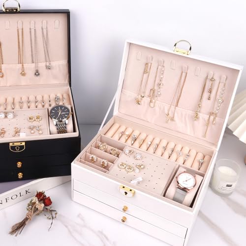3 Layer Jewelry Box Organizer with Drawers, Lockable PU Leather Jewelry Storage Case for Mothrer's Day gifts Necklace Earring Ring Bracelet Watch, White - color: White