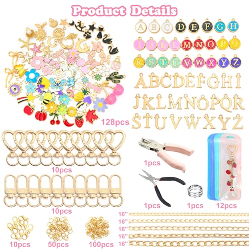328Pcs Charms Lip Gloss Keychain Making Kit, DIY Keychain Supplies with 128 Charms, 20 Clasps, Jump Rings, Chain, Jewelry Plier, Hole Punch, Bag Charm Kit, Jewelry Making Kit for Crafting Keychains - color: Gold-328Pcs Kit