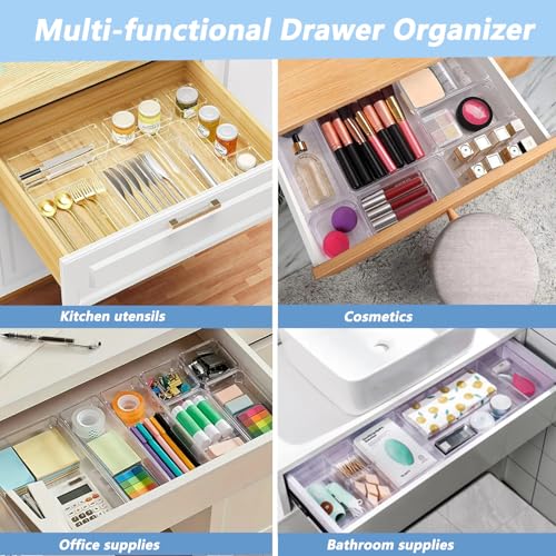 Clear Drawer Organizer Set, 4 Sizes Desk Drawer Divider Organizers Storage Bins for Bathroom,Kitchen,Office,Vanity Organizers Tray for Jewelry (15PACK) - size: 15PACK