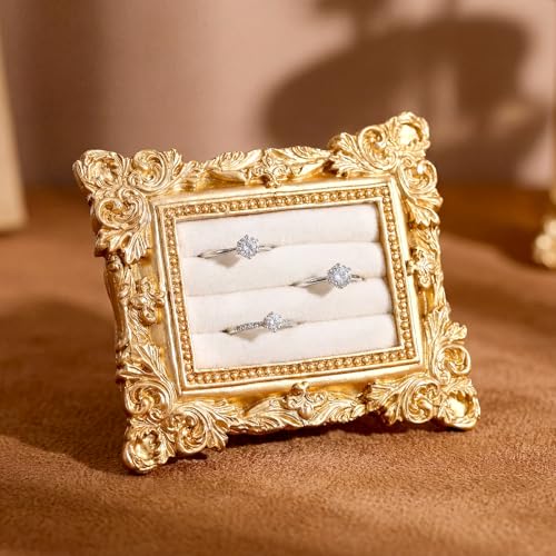 Liliaafar Vintage Ring Holder Wide Gold Ring Wedding Display Suede Jewelry Box Stand Frame Earring Tray Anniversary Engagement Baroque Organizer Photograph Prop for Women Birthday Gifts - color: Gold, style: Wide