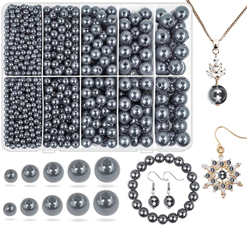 Pearl Beads for Jewelry Making, 1750pcs Grey Pearl Craft Bead with Hole 4mm-12mm Loose Spacer Bead for Necklace, Bracelet, Earrings, Ring, Choker, Wedding Dress Decor - color: Grey