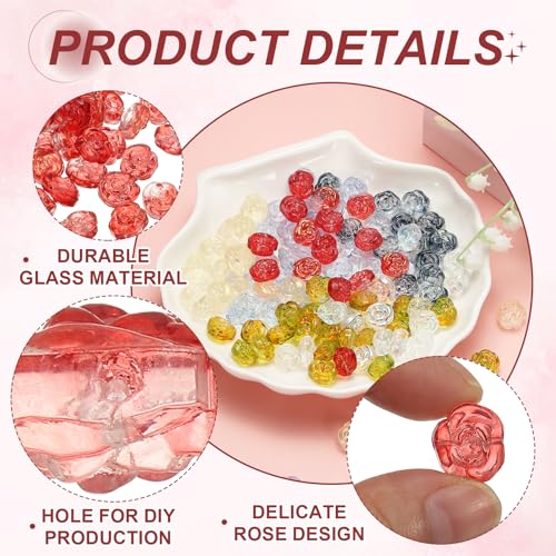uxcell 50 Pcs Rose Beads, 0.55" Glass Flower Rose Charm Carved Loose Spacer Crystal Craft Beads for DIY Jewelry Making Bracelet Beading Projects Supplies, Red - color: Red