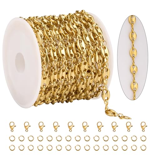 KYUNHOO 13FT/4M Gold Plated Chain for Jewelry Making Coffee Bean Link Craft Supplies Stainless Steel Chains Spool for Women DIY Handcrafts - color: Coffee Bean Gold