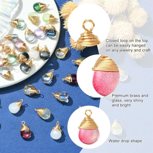 KitBeads 50pcs Glass Water Drop Charms Transparent Colorful Gold Plated Teardrop Charms for Jewelry Making