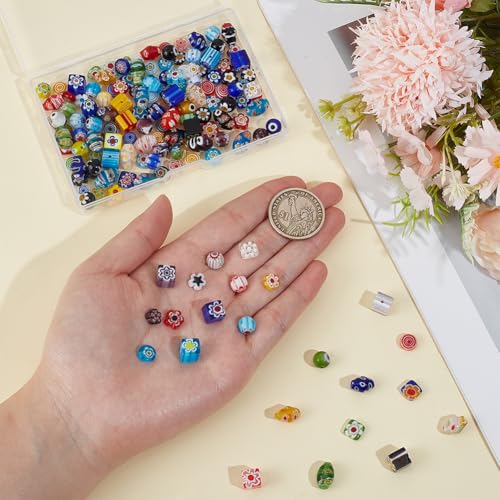 1 Box 150PCS 10 Styles 8MM Millefiori Beads Handmade Lampwork Glass Round Cube Flat Flower Heart Mosaic Flowers Loose Spacer Bead Charm Bulk for Jewelry Making Bracelets Necklace DIY Craft - size: 150pcs, style: Mixed