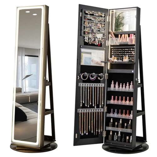 CHARMAID 360° Rotating Jewelry Armoire with LED Lighted Full Length Mirror & Built-in Vanity Mirror, Lockable Standing Jewelry Cabinet with Lights, Large Storage Organizer for Jewelry (Black) - color: Black, size: 63"H