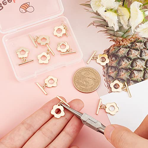Beebeecraft 10 Sets 18K Gold Plated Toggle Jewelry Clasps Connectors Flower Toggle T Bar Clasps Sets for Necklace Bracelet Earring Making, 14.5x13mm - color: #4