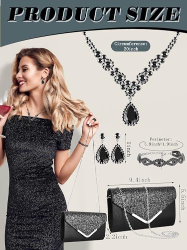 Henoyso 5 Pcs Rhinestone Jewelry Sets Prom Purse Jewelry Rhinestone Clutch Purse Bride Necklace Earrings Bracelets for Women - color: Black