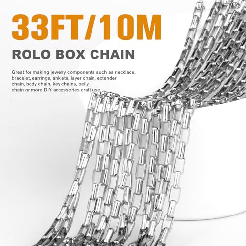 33 Feet Stainless Steel Rolo Box Chain Bulk, 2mm 304 Stainless Steel Square Cable Link Chains Roll Spool for Jewelry Making DIY Craft - color: 2MM Stainless Steel Rolo Box Chain