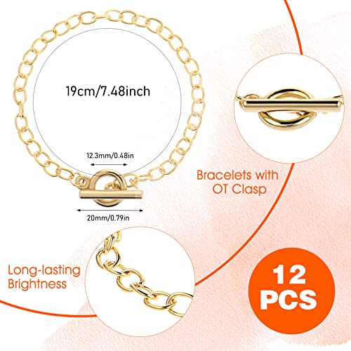 Prasacco 12 Pcs Bracelet Chains for Jewelry Making, Chain Bracelet for Women, Link Chain Bracelets with OT Toggle Clasp, Charm Bracelets for Jewelry Making (Gold) - color: Gold