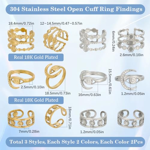 SUNNYCLUE 1 Box 12Pcs 6 Style Stainless Steel Ring Bezels Finger Ring Blank Base Gold Silver Metal Adjustable Flower Eye Open Rings Tray Component with Round Pad for Jewelry Making Rings DIY Crafts - style: Ring 2