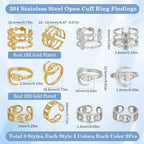 SUNNYCLUE 1 Box 12Pcs 6 Style Stainless Steel Ring Bezels Finger Ring Blank Base Gold Silver Metal Adjustable Flower Eye Open Rings Tray Component with Round Pad for Jewelry Making Rings DIY Crafts - style: Ring 2