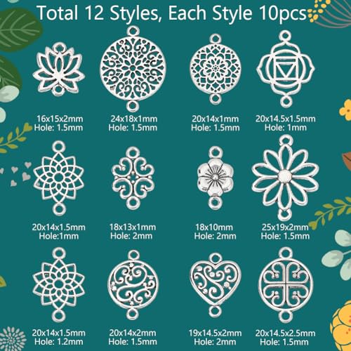PH PandaHall 120pcs Tibetan Pendent 12 Style Antique Filigree Pendants Alloy Connector Teardrop Heart Lotus Shaped Linking Decoration Pendants for Bracelet Necklace Earring Jewelry Making Diwali
