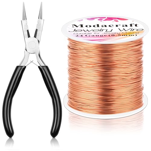 Modacraft 24 Gauge Copper Wire for Jewelry Making - 214FT/0.5mm Tarnish-Resistant Craft Wire with Multi-Functional Pliers - Perfect for DIY Jewelry, Wire Wrapping, Gardening, and Artistic Projects - color: Copper, size: 24 Gauge