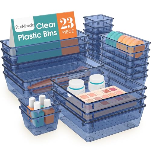 StorMiracle 23 PCS Drawer Organizer Set, 5 Varied Size Bathroom and kitchen Drawer cabinet organizer Trays, Clear Storage Bins for Makeup, Jewelry, Utensils and Gadgets, Dark Blue - color: Dark Blue, size: 23 PCS