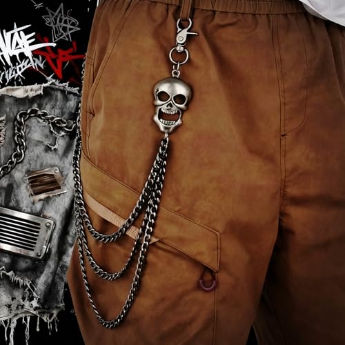 Layered Punk Pants Chain for Men Women, Gothic Hip Hop Jean Chain Wallet Chain Biker Trouser Chain, Goth Emo Fashion Keychain Accessories - color: 3L-Skull