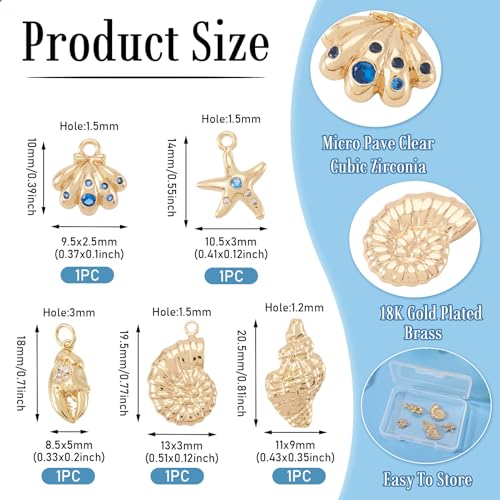 Cheriswelry 5Pcs 18K Gold Filled Conch Shell Charms Cubic Zirconia Metal Brass Seashell Starfish Pendants 10-20.5mm for DIY Summer Necklace Bracelet Earring Jewelry Making - color: Gold-5pcs