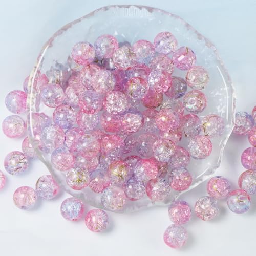 100Pcs 10mm Crackle Glass Beads for Jewelry Making - Round Spacer Crystal Beads Bulk, DIY Craft Supplies for Necklace Bracelet Earrings (Pink Light Purple) - color: Pink Light Purple