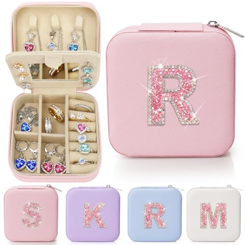 Sparkling Initial Jewelry Box Organizer,Personalized Travel Jewelry Box for Girls & Women,Glitter Rhinestone Jewelry Case Gifts for Mother's Day,Birthday,Christmas,Small Size (Pink, R) - color: Pink, size: R