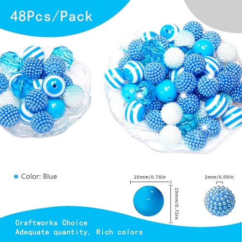 48 Pcs 20mm Beads for Pens Bubblegum Bead Light Blue Crystal Acrylic Round Chunky Bead Sparkly Large Balls Beads for Pen Beadable Keychain Bracelet Necklace DIY Jewelry Making Supplies - color: Light blue Color