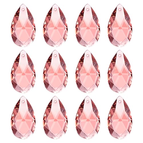 PATIKIL K9 Crystal Pendants Teardrop Beads, 12 Pack 28mm Chandelier Prisms Parts Hanging Beads DIY Lamp for Arts Crafts Decoration, Pink - color: Pink