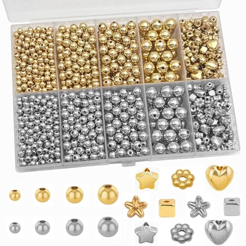 Round Spacer Beads Set for Bracelets, ABS Plastic Gold and Pearl Beads 4/5/6/8mm 4 Size Smooth Ball Bead for Jewelry Making Metal Circle Bead for Bracelet Necklace Earring Making (Golden+Silver) - color: Golden+Silver