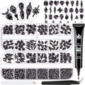 Glass Nail Rhinestones Multi-Shapes Flatback Gems, Round Crystal Glue Gel + 1500Pcs,arty Nails Diamond Gemstones - color: Black with Glue