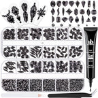 Glass Nail Rhinestones Multi-Shapes Flatback Gems, Round Crystal Glue Gel + 1500Pcs,arty Nails Diamond Gemstones - color: Black with Glue