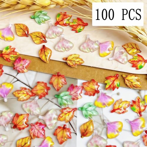 100 Pcs Fall Nail Art Charms Multi Shape Resin Maple Leaves Nail Charms 3D Flat Back Autumn Maple Leaf Ginkgo Leaf Design Nail Art Rhinestones Jewelry for DIY Thanksgiving Nail Decoration - color: Maple Leaves