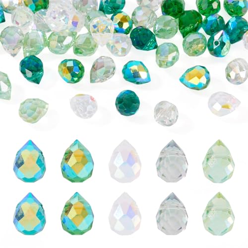 Beadthoven 50pcs Green Teardrop Glass Beads Faceted Crystal Beads for Jewelry Making Suncatcher Prism Hanging Pendants Top Drilled Water Drop Briolette Spacers for DIY Necklace Bracelet Earring Crafts - color: Green