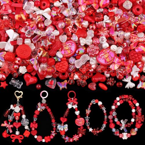 200-260PCS TINKRSTUFF Assorted Acrylic Beads Red Cute Beads for Bracelet Making, Bow Aesthetic GummyBear Flower Candy Butterfly Kawaii Charms for Jewelry Making DIY Necklace Keychain Phone Charm - color: Red