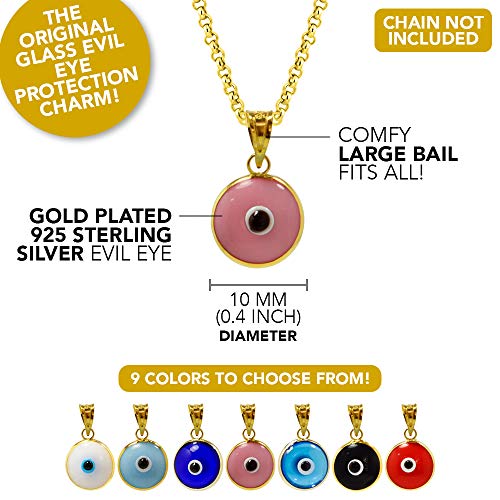 MIZZE Made for Luck Gold Plated 925 Sterling Silver 10 MM Round Glass Evil Eye Charm Pendant - 7 Colors to Choose from - color: Pink