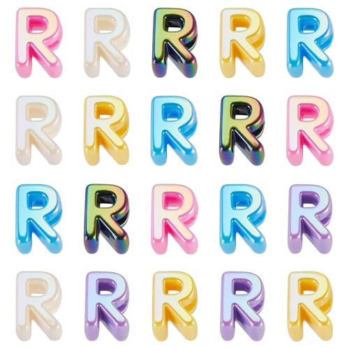 Beadthoven 20pcs Big Letter R Beads Large Hole Bubble Alphabet Acrylic Beads Charm Iridescent Plastic R Shape Loose Chunky Spacers for Jewelry Making Bracelet Necklace Keychains Shoelaces Crafts - color: R