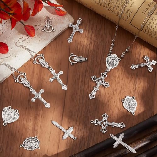 SUNNYCLUE 1 Box 48pcs 8 styles Easter Rosary Charms Metal Rosary Crucifix Bulk Assorted Tibetan Style Alloy Antique Silver Chandelier Link Connector Charm Pendants Bulk for Jewelry Making Women Adults - style: Rosary Charm 1