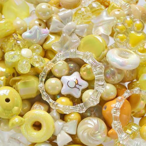 100G Assorted Acrylic Beads for Bracelet Making, Yellow Large Aesthetic Kawaii Beads for Keychain Phone Charms, Multi-Shapes Cute Bead for Jewelry Making, DIY Crafts, Necklace - color: Yellow